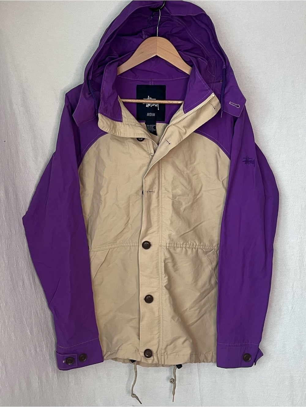 Vintage Stussy Hooded Field Jacket Purple Tan Colorblock Y2K Parka Medium
